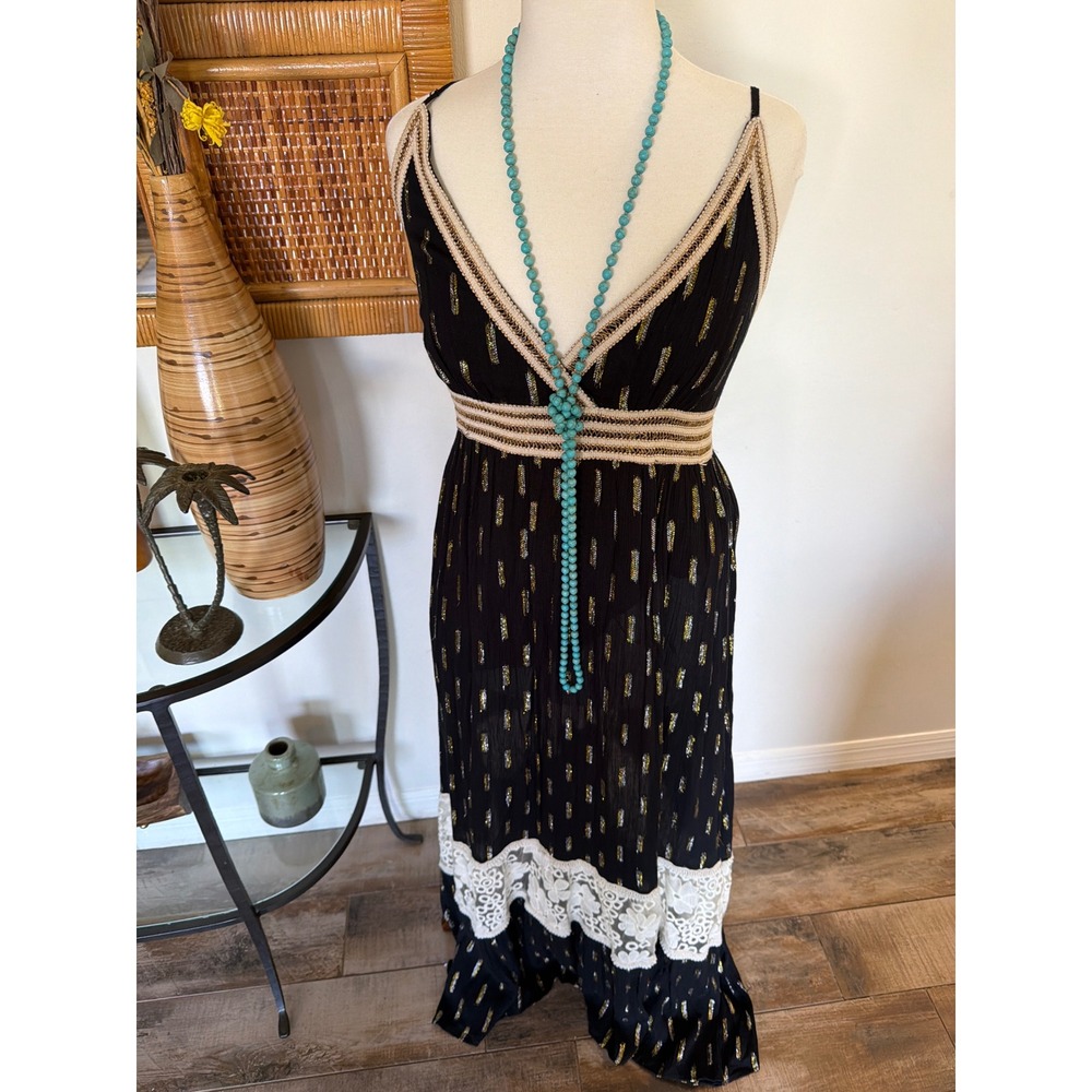 NWOT‎ Zury 100% Viscose Boho Maxi Dress Free Size Gold Metallic & Black Smocked
